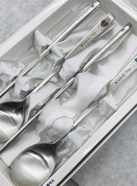 MK1810进口不锈钢餐具爱情树情侣套装礼盒版银色扁筷子传统勺