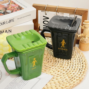 蹲便器垃圾桶马克杯带盖创意马桶陶瓷杯搞怪蹲厕杯子恶搞整蛊水杯