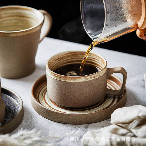 Coarse pottery coffee cup and plate set, creative handmade