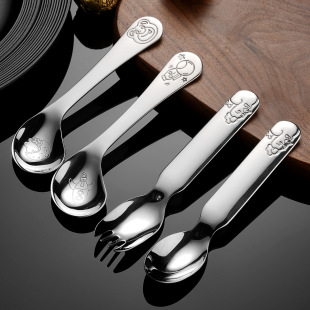 316不锈钢儿童勺子创意辅食小勺叉喂养调羹宝宝吃饭勺可爱小熊勺