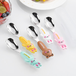 316不锈钢儿童勺子卡通元 宝勺兔子小熊勺可爱宝宝辅食勺喂养勺子