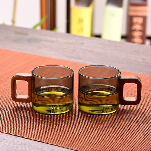 Walnut wood glass small tea cup, smoke gray high borosilica