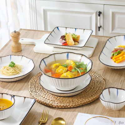 Blue and Japanese style bowl and tableware set, ceramic ric