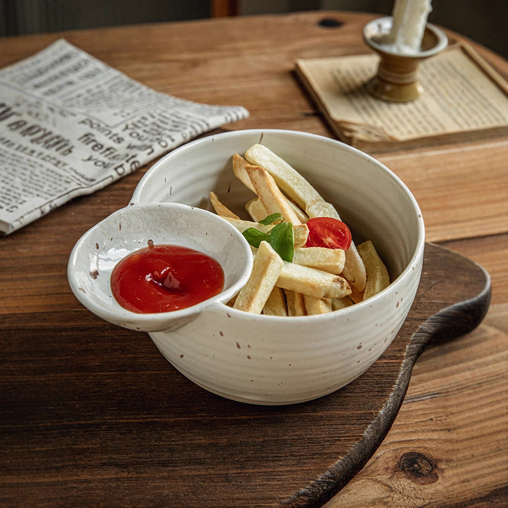 陶瓷饺子碗自带醋碟创意陶瓷小吃碗可放沙拉酱番茄酱分格碗馄炖碗
