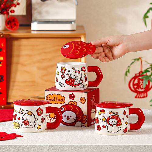 Good luck Koi Cat Ceramic Cup Mug with Lid Chinese New Year