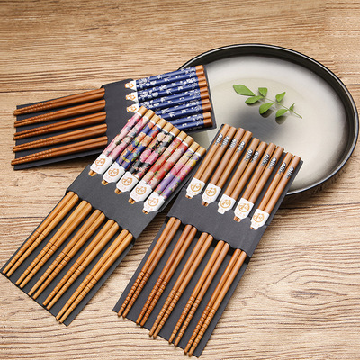 Bamboo and Wood Japanese Printed Chopsticks Box Set, 5 Pair