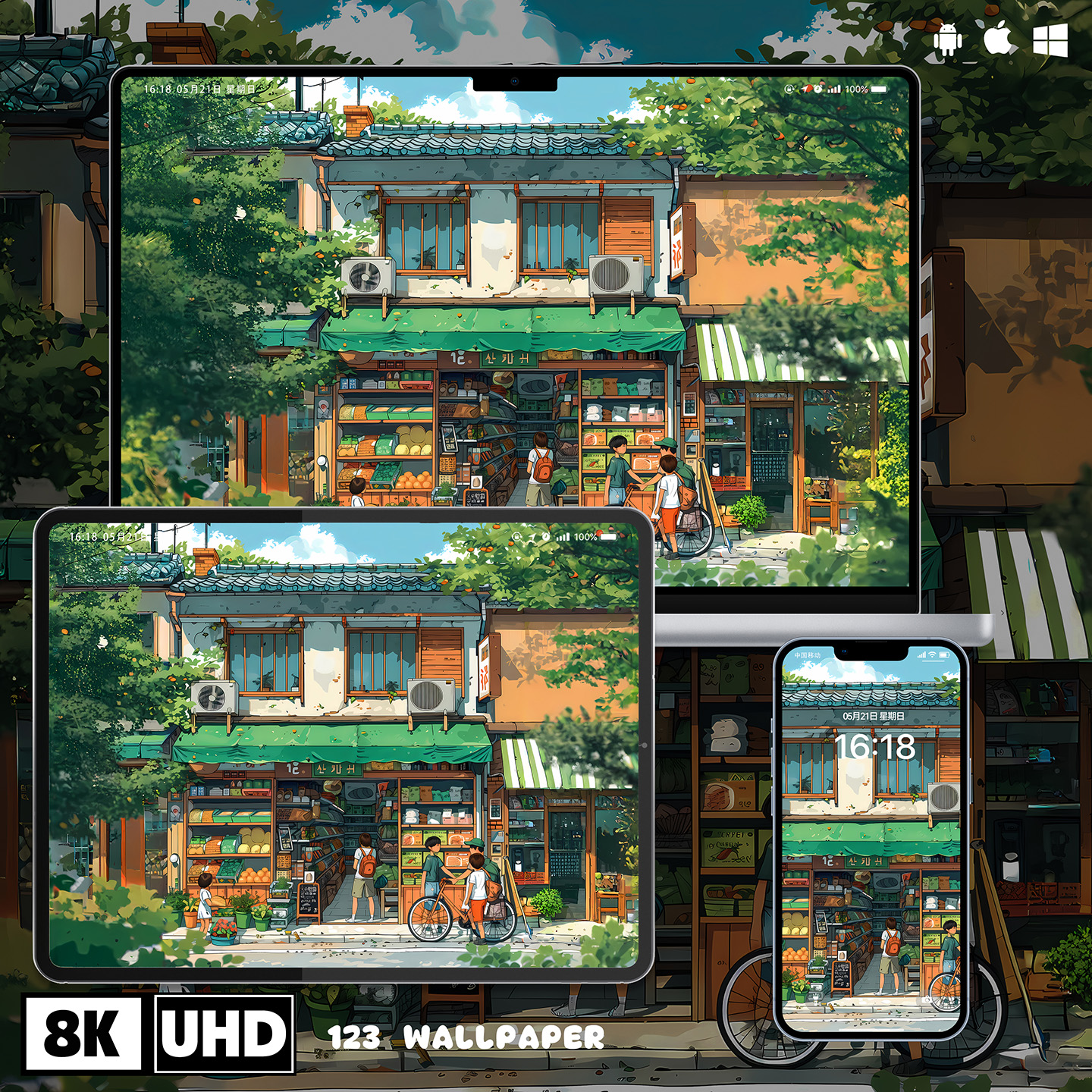 街边便利店治愈动漫风8K超清壁纸iphone苹果安卓手机电脑平板壁纸