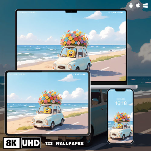 海绵宝宝海边花车8K超清壁纸iphone苹果安卓手机电脑ipad平板壁纸