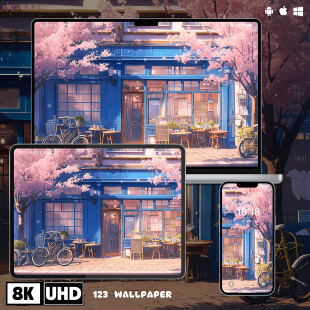春日樱花蓝色小店治愈壁纸iphone苹果安卓手机电脑ipad平板壁纸图