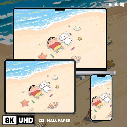 蜡笔小新小白海滩8K高清壁纸-967iPhone手机ipad平板电脑桌面插画