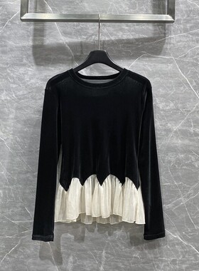 高级感丝绒长袖T恤女2026春季设计感假两件拼接正肩打底衫上衣