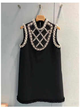 小众潮牌2024秋季新款重工钉珠镶钻小黑裙气质无袖连衣裙女
