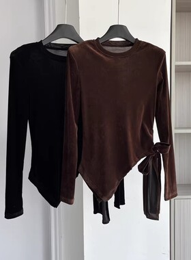 高级感丝绒女装2025新款时尚百搭丝绒圆领T恤女修身显瘦气质上衣