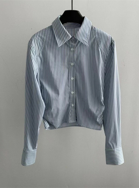 欧货小众2024秋季新款宽松休闲显瘦短款上衣百搭条纹长袖衬衫女