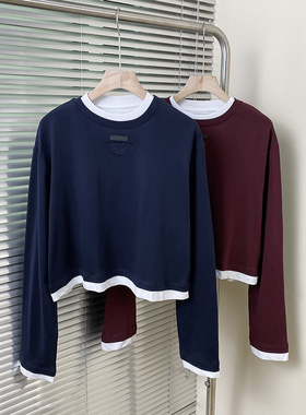 美式欧货2024秋冬季新款圆领假两件撞色显瘦上衣三角牌长袖T恤女