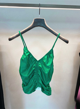 小众2024春夏新款无袖褶皱修身露背V领性感短款小个子背心上衣女