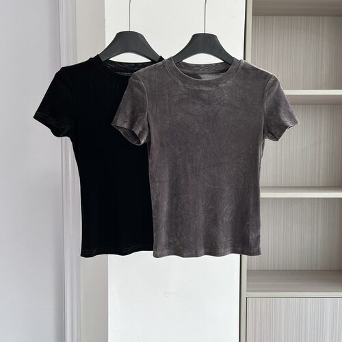 高级感丝绒短袖T恤女显瘦上衣