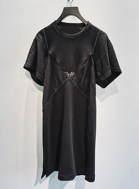 2024春夏新款蕾丝拼接宽松中长款宽松黑色T恤连衣裙女潮
