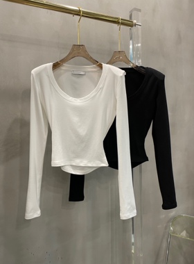 小众潮牌2024春夏新款大圆领垫肩镂空露腰百搭上衣短款长袖T恤女