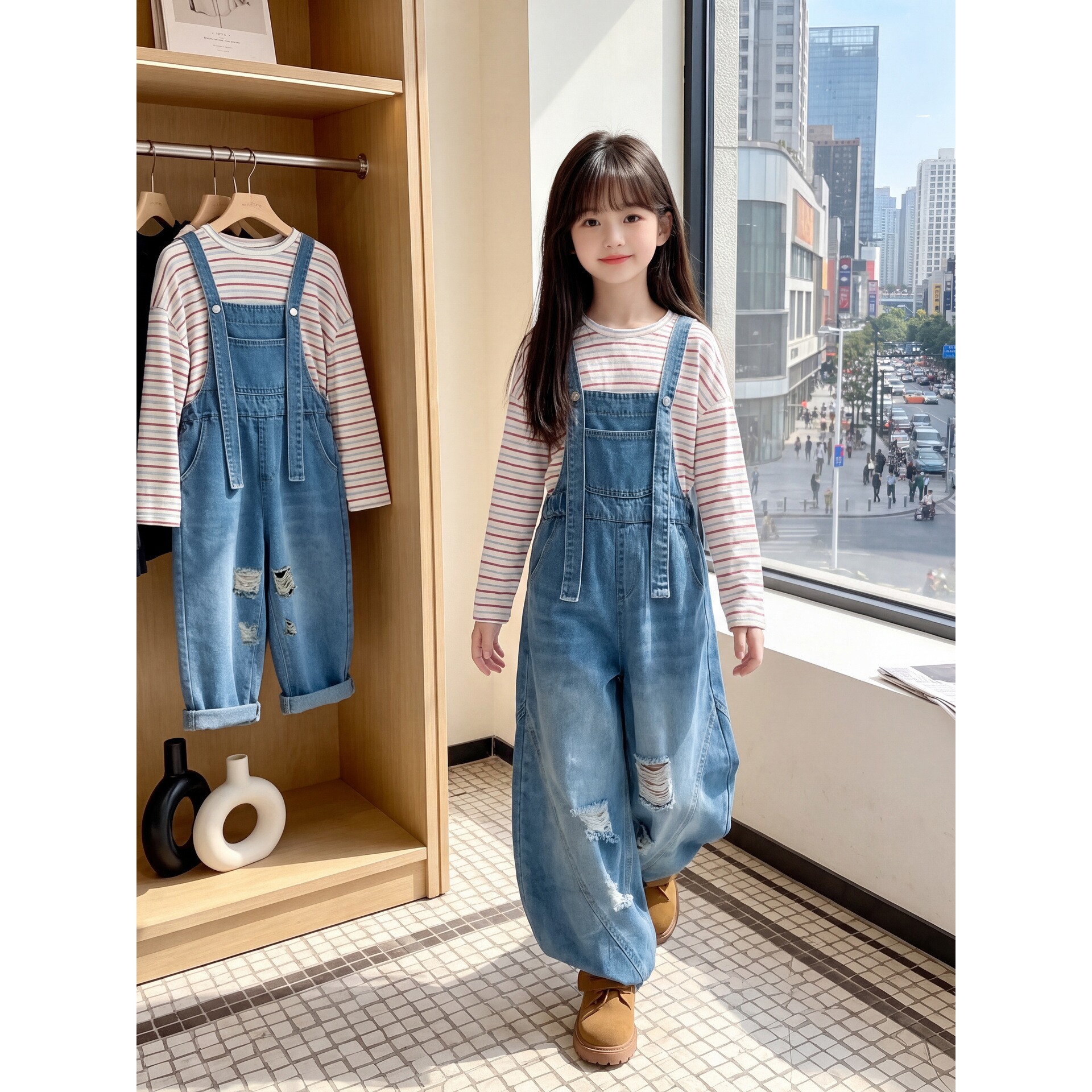 欧抱抱女童时尚秋装牛仔背带裤套儿童牛仔裤