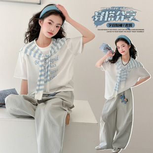 欧抱抱女童夏季套装2026新款儿童披肩短袖T恤中大童休闲宽松工装