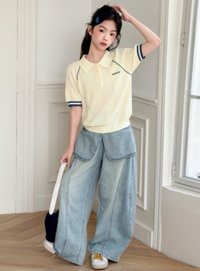 欧抱抱女童韩系套装2026夏季新款学院风polo领短袖百搭牛仔裙裤两