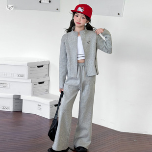 欧抱抱女童运动套装 新款 中大童爱心刺绣卫衣卫裤 两件套 2026年春季