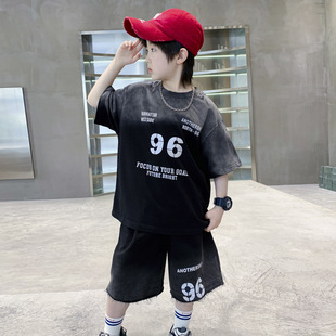 男孩夏季 欧抱抱男大童夏装 渐变宽 儿童装 2026新款 酷帅运动短袖 套装