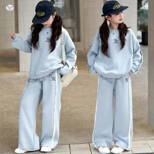 欧抱抱女童运动套装 新款 中大童假两件蝴蝶结卫衣阔腿裤 2026年春季