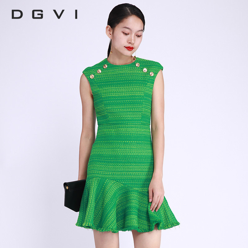 dgvi原创品牌23春季新品新颖修身显瘦版型裙子下摆鱼尾褶皱连衣裙