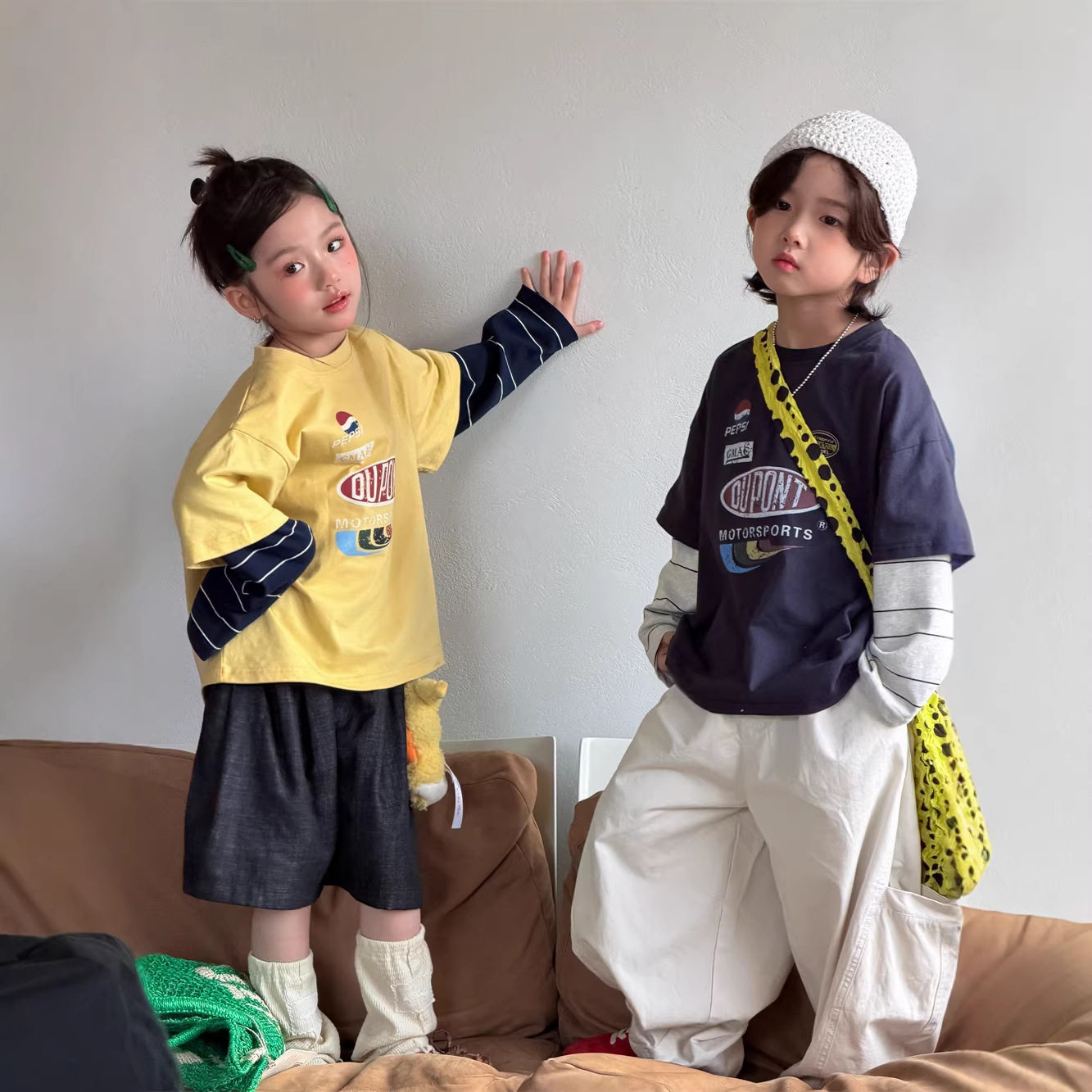 2026春季新款韩版儿童假两件印花T恤男女童撞色条纹袖潮酷上衣