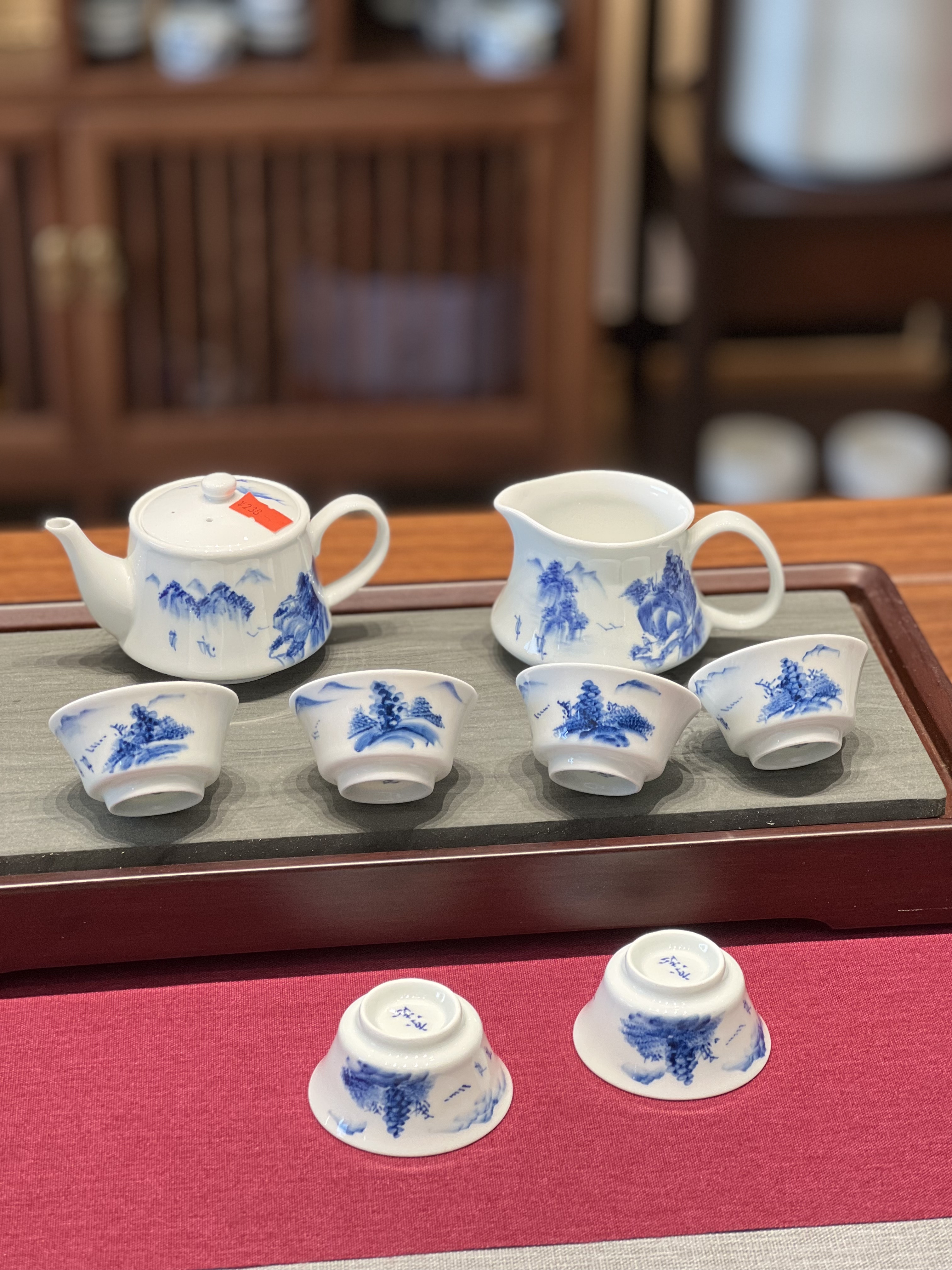 正品京德贵和祥手绘青花山水茶壶茶杯