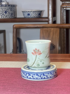 早期京德珍藏纯手工釉下彩荷花闻香杯100毫升高端主人杯单杯茶杯
