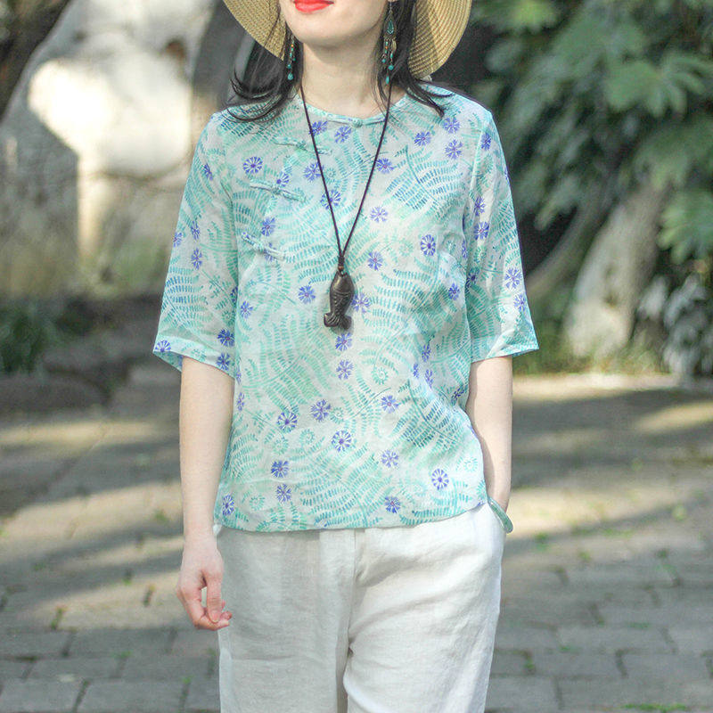 SUMMER 2023 NEW CHINESE STYLE DIAGONAL BUCKLE T-SHIRT WOMENS LIGHT CASUAL PULLOVER LOOSE PRINT TOP