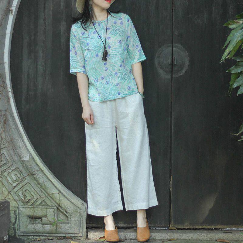 SUMMER 2023 NEW CHINESE STYLE DIAGONAL BUCKLE T-SHIRT WOMENS LIGHT CASUAL PULLOVER LOOSE PRINT TOP