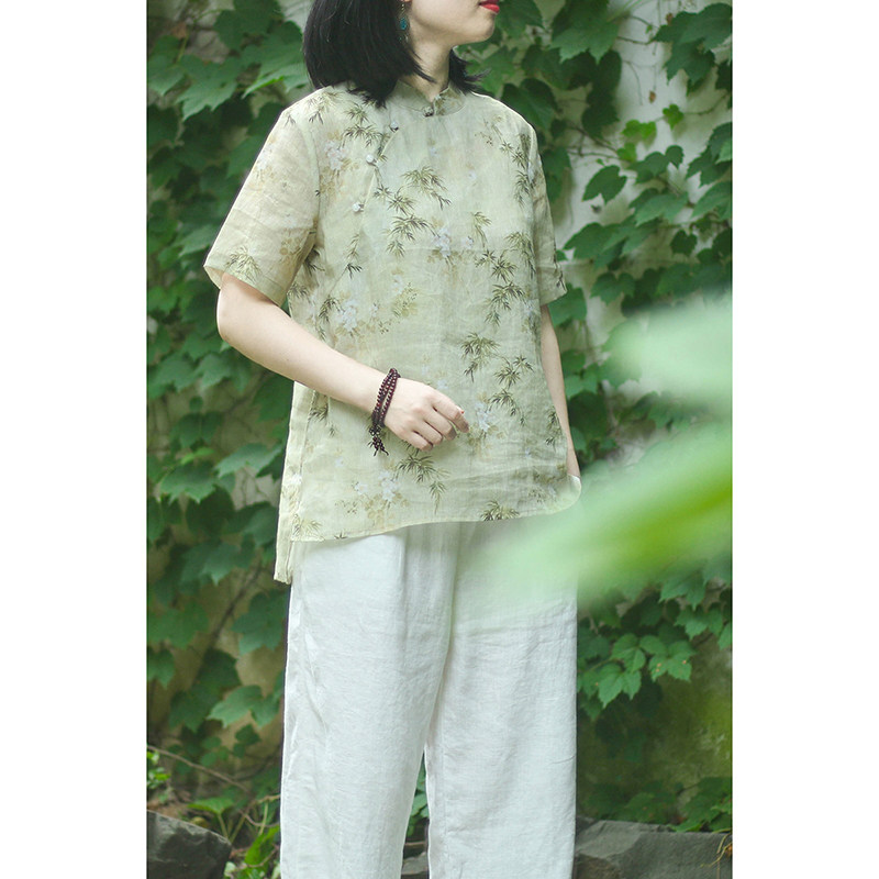 COTTON AND LINEN CHINESE STYLE DISC BUCKLE SHORT SLEEVE T-SHIRT WOMENS SUMMER 2023 NEW THIN LOOSE CHIC STAND UP COLLAR TEA TOP