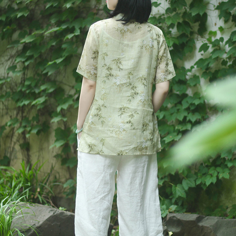 COTTON AND LINEN CHINESE STYLE DISC BUCKLE SHORT SLEEVE T-SHIRT WOMENS SUMMER 2023 NEW THIN LOOSE CHIC STAND UP COLLAR TEA TOP