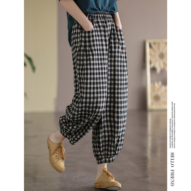 SUMMER 2023 NEW VINTAGE PLUS SIZE PLAID BLOOMERS WOMENS ELASTICATED WAIST SLIM VERSATILE CASUAL PANTS CROPPED PANTS