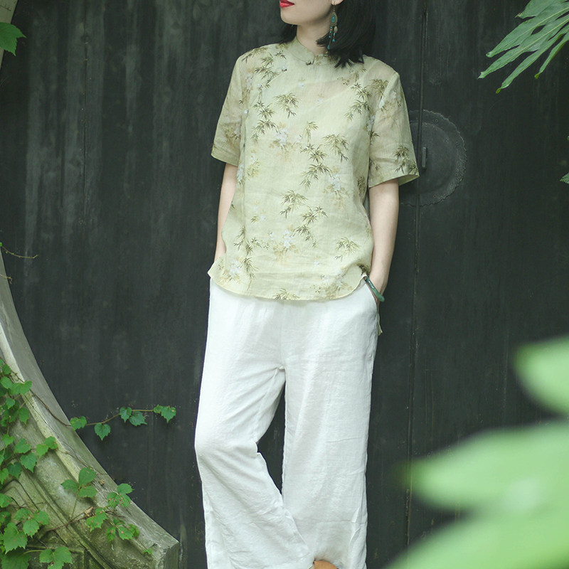 COTTON AND LINEN CHINESE STYLE DISC BUCKLE SHORT SLEEVE T-SHIRT WOMENS SUMMER 2023 NEW THIN LOOSE CHIC STAND UP COLLAR TEA TOP