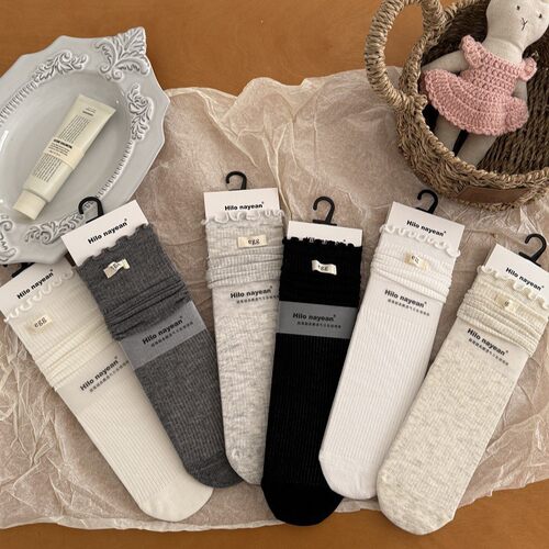 木耳边竖条纹堆堆袜女egg标女袜