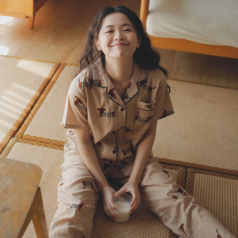 八月格桑睡衣女款夏季夏天短袖长裤纯棉纱布家居服全棉卡通套装薄