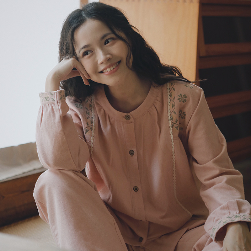 日系睡衣女纯棉磨毛宽松大码刺绣复古全棉绒布家居服秋冬季INS