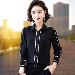 女士长袖 黑色衬衫 黑衬衣雪纺设计感小众2023年新款 春装 高端职业寸