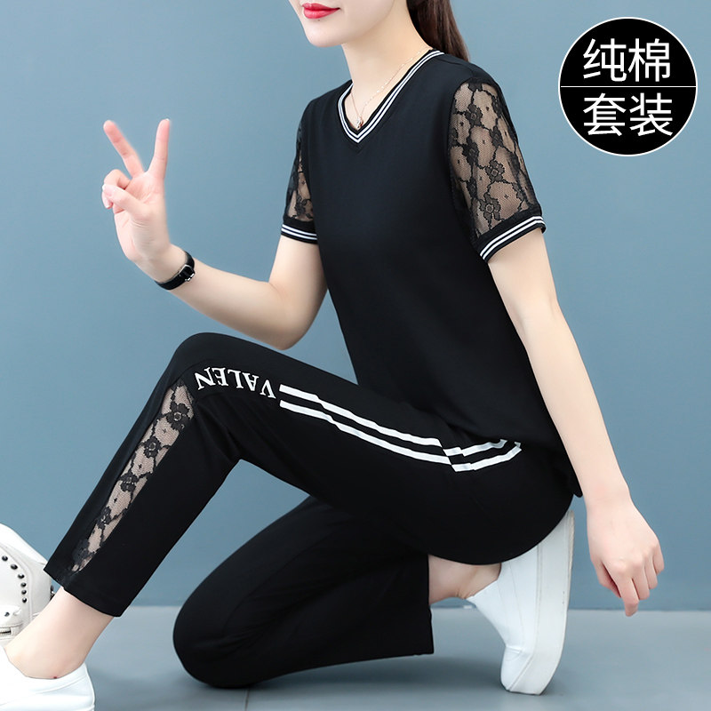 短袖休闲时尚套装2021新款冰丝网纱运动大码女装两件套夏妈妈胖mm