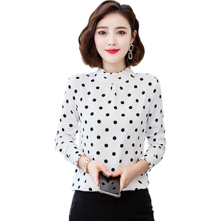 波点立领雪纺衫衬衫女长袖2024春秋新款圆点衬衣洋气内搭打底上衣