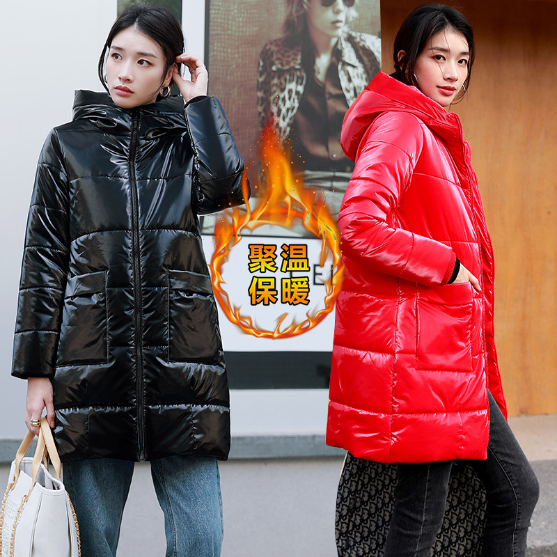亮面中长款羽绒棉服女新款冬季韩版显瘦妈妈连帽时尚加厚棉衣外套