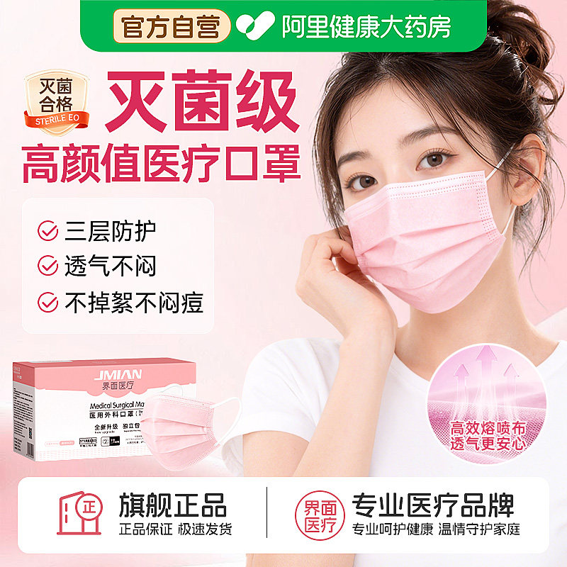 粉色医用外科口罩单独包装灭菌级图片