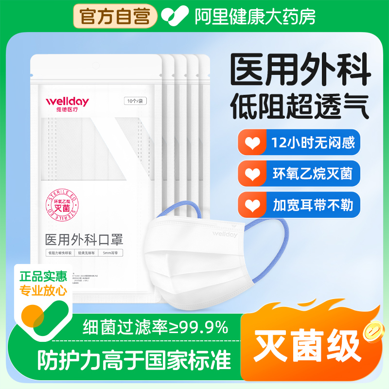 维德医疗医用外科口罩低呼吸阻力一次性医疗无菌夏轻薄透气不勒耳