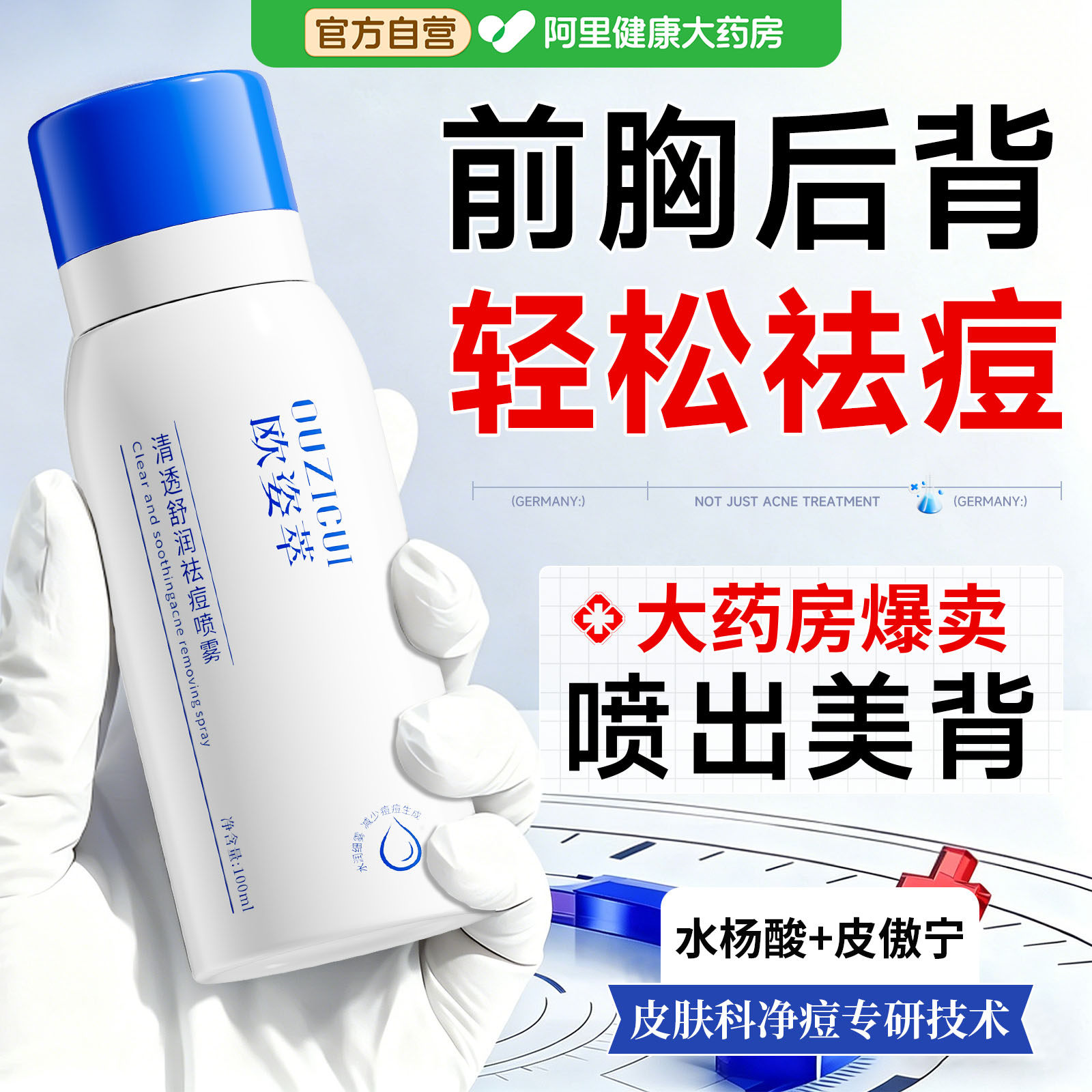 医后背祛痘喷雾用去除背上痘痘前胸口美背部痘印果酸除螨身体长痘