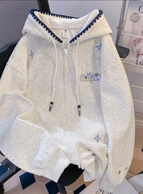 花卉字母刺绣开衫卫衣女秋冬2025新款爆款小个子宽松纯棉灰色连帽
